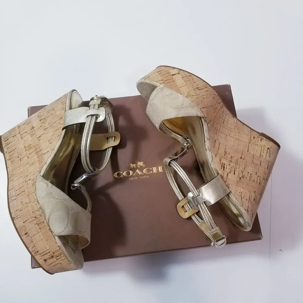 Coach Ivory Metallic Cork Wedge Sandals - Picture 2 of 13
